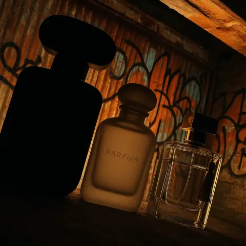 Collective Silhouette of Three Distinct Perfume Bottles—one Bold