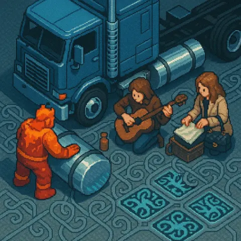 Robust Pixel-art Figure in Fiery Attire Inspects a COE Truck's