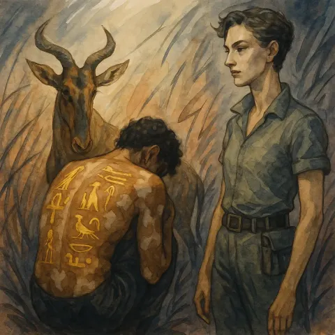 Gold Hieroglyphs and Vitiligo Mark a Cowering Performer's Back