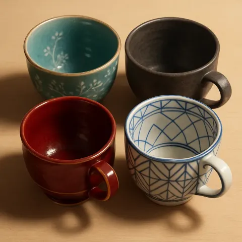 Hyper-detailed 3D Render Showing Four Ceramic Tea Cups Placed Closely