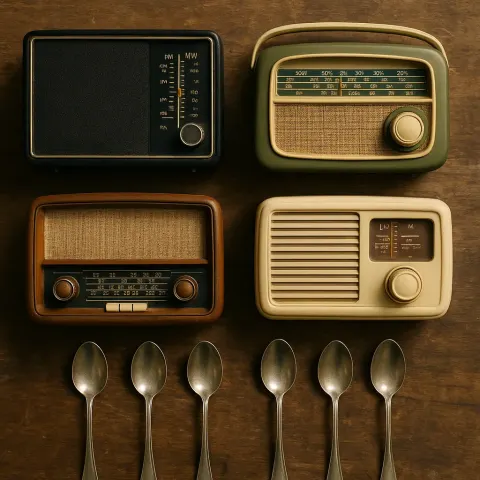 Realistic Depiction Showcasing Four Vintage Radios Alongside Four Silver Spoons