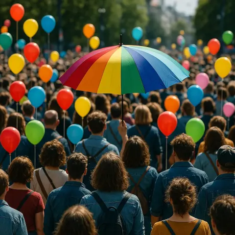 Crowd Gathered in a Public Event with Colorful Balloons