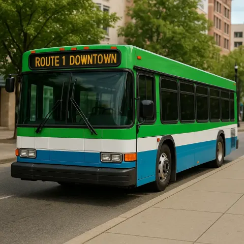 Parked City Bus Labeled "Route 1 Downtown"