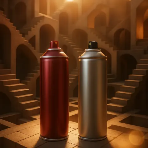 Two Varied Hair Spray Cans Stand Tall in an Escher