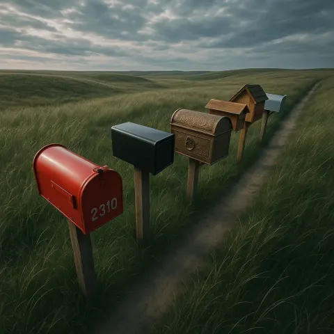 Striking Leading Line Is Formed by Five Disparate Mailboxes Set