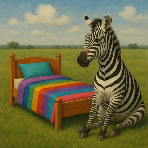 Zebra Seated Beside a Vibrant Bed Located in a Field
