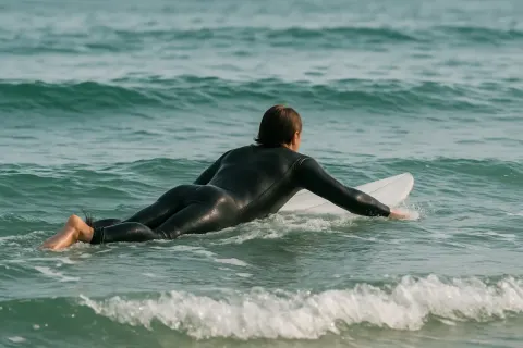 Person in a Wetsuit Is Lying on a Surfboard
