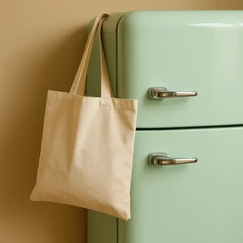 Showcasing a Retro-themed Refrigerator with a Tote Bag Placed Next