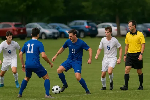 Soccer Game Is in Progress on a Grassy Field