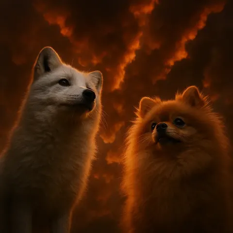 Arctic Fox and Pomeranian Are Selectively Top-lit Beneath a Sky