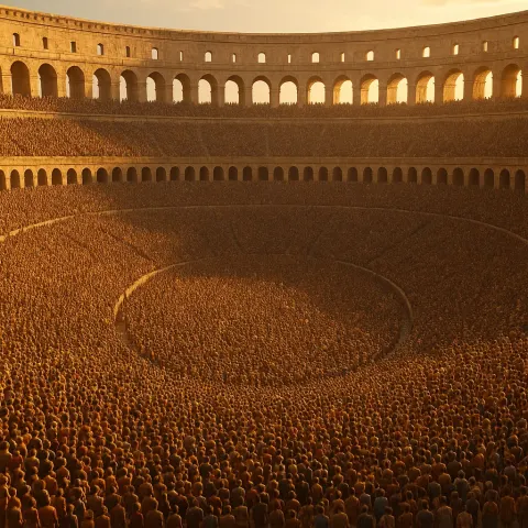 Dense Crowd of Countless Tiny Figures Fills a Colossal Ancient