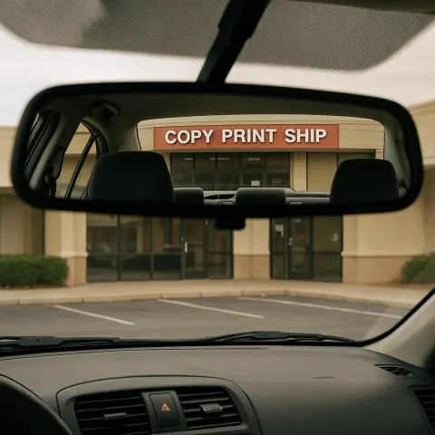 Rearview Mirror Reflection Showing the Inside of a Car Parked