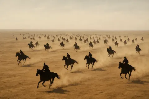Many Distant Figures on Horseback Gallop Across a Vast