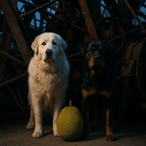 Great Pyrenees and Rottweiler Stand with a Jackfruit