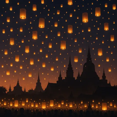 Thousands of Shimmering Lanterns Ascend into the Twilight Sky