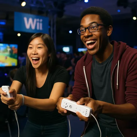 Two People Actively Playing a Video Game Using Wii Controllers