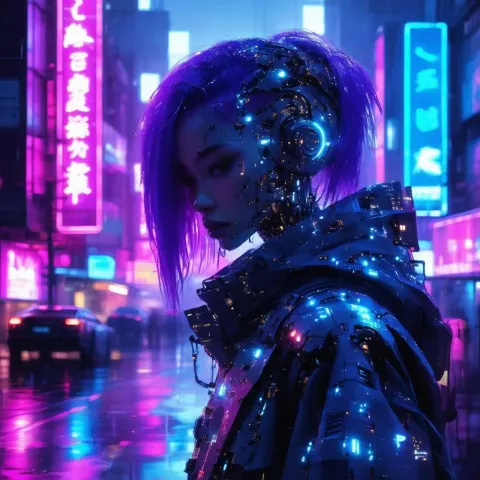 Purple Haired Cyborg in a Neon Cityscape
