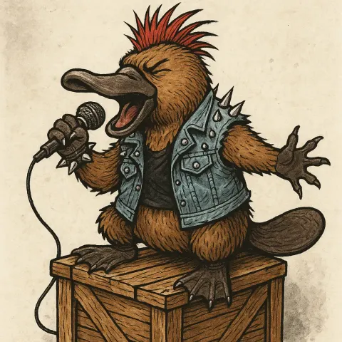 Rebellious Platypus Wearing a Spiked Denim Jacket Energetically Belting