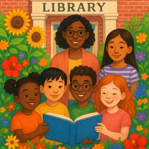 Group of Diverse Children and an Adult Gather in Front