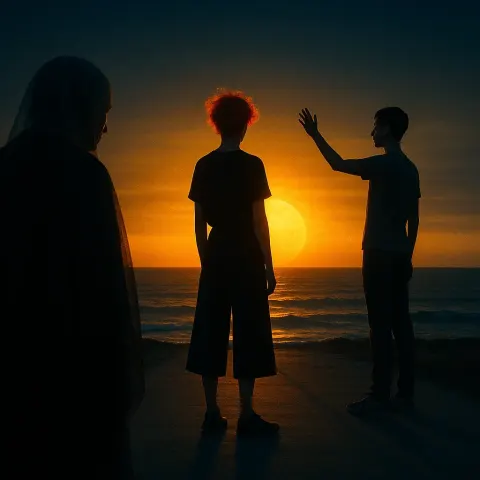 Against a Strikingly Compressed Golden Sunset That Dominates the Calm