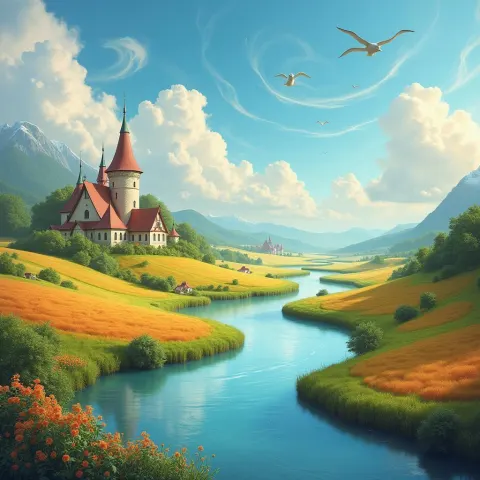 Serene River Winding Past a Whimsical Village