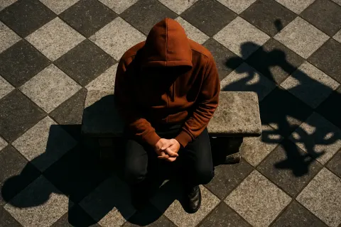 Figure in a Brown Hoodie Sits on an Aged Stone