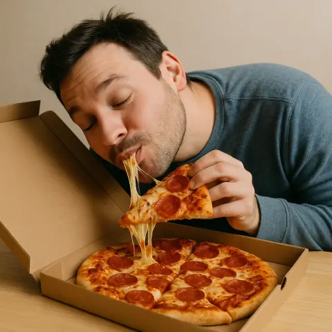 Man Tilts His Head Close to an Uncovered Pizza Box