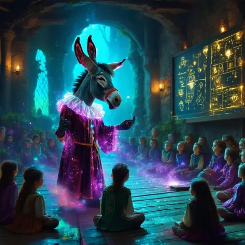 Clown Donkey Lecturing in an Enchanted Hall