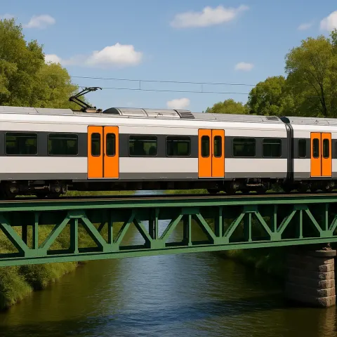 Modern Train with Orange Doors Crosses a Green Metal Bridge