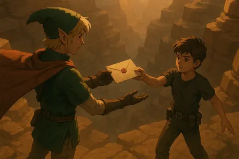 Elfin-eared Hero with Outstretched Arms and a Teenager