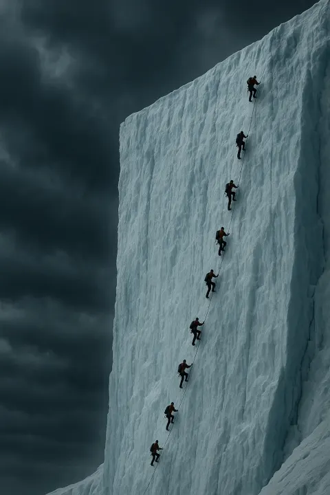 Several Tiny Figures of Climbers Are Methodically Ascending a Sheer