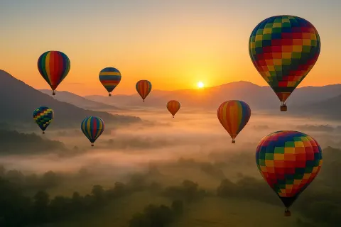 Several Brightly Colored Hot Air Balloons Drift Serenely