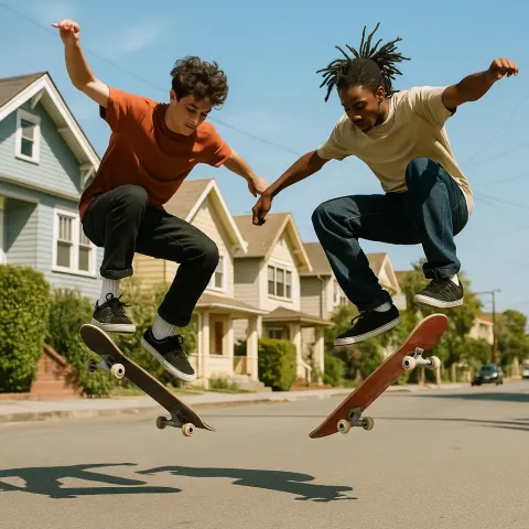 Two Skateboarders Performing Tricks in Mid-air on a Sunny Street