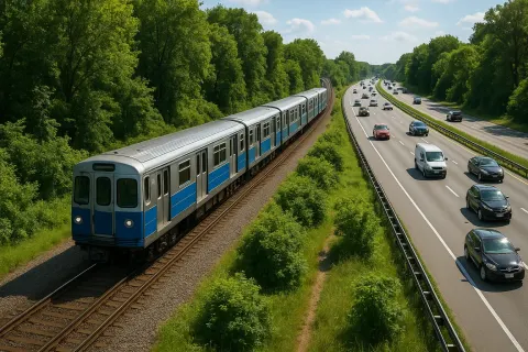 Blue and Silver Subway Train Runs Parallel to a Highway