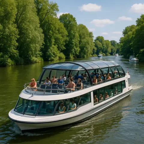 Modern Sightseeing Boat with Passengers Cruises Along a River