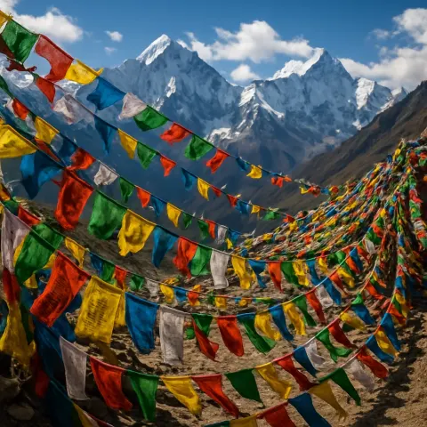 Multitude of Colorful Prayer Flags Stretches