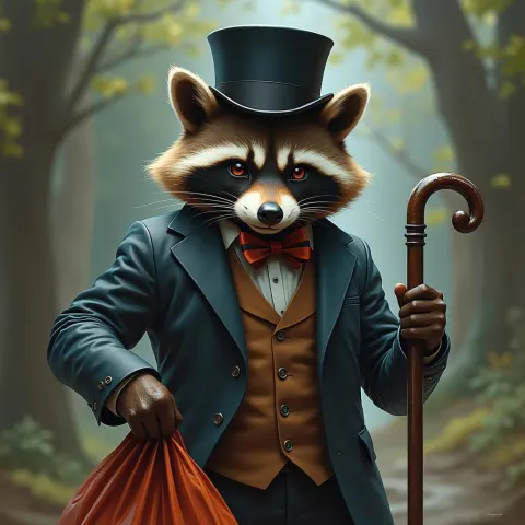 Dapper Raccoon With Top Hat and Cane