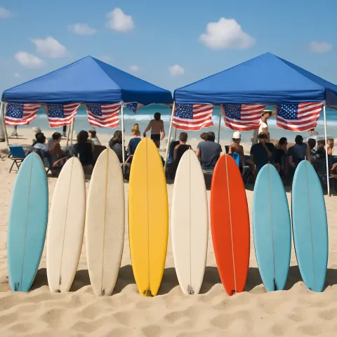 Row of Surfboards on a Sandy Beach with People