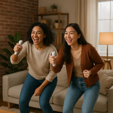 Two Women Energetically Engage in a Game on a Motion-controlled