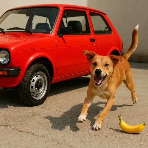 Vibrant Red Automobile with a Cheerful Dog Circling It