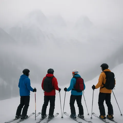 Group of Skiers Stands on a Snowy Slope