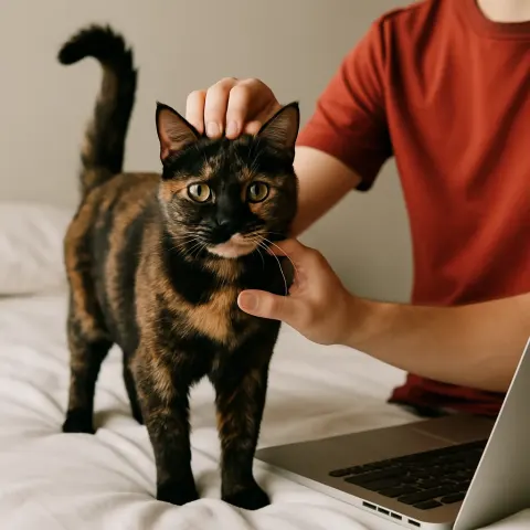 Tortoiseshell Cat Standing on a Bed Next to an Open