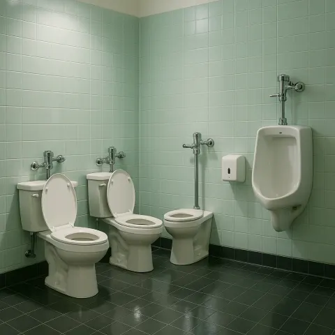 Spacious and Brightly Lit Public Restroom Showcases Two Gleaming Porcelain
