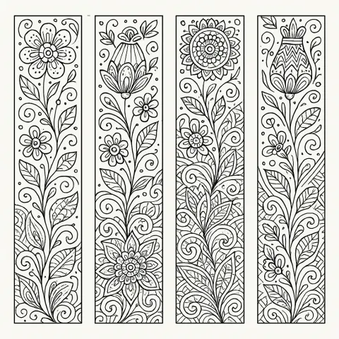 Collection of Four Artistic Bookmarks Featuring Detailed Black-and-white Illustrations