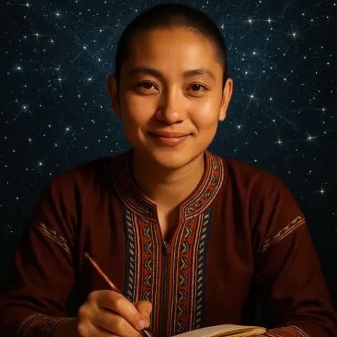 Lover in Traditional Ethnic Dress with a Buzz Cut Pauses