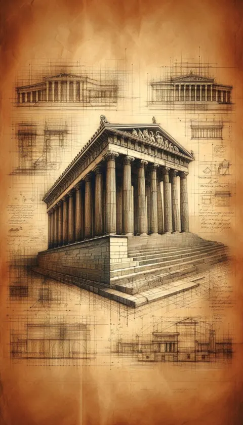 Ancient Greek Temple with Artistic Sketches