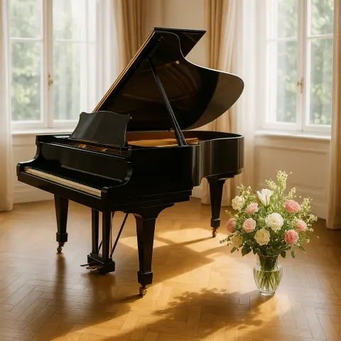 Sophisticated Black Grand Piano Sits in a Brightly Lit Room