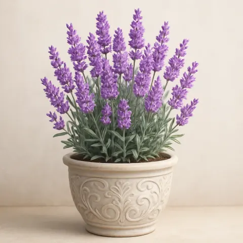 Decorative Ceramic Planter Containing a Flowering Plant with Lavender-colored Blooms