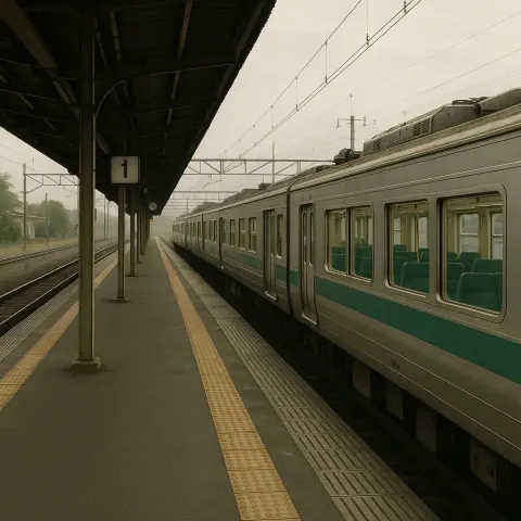 Deserted Railway Platform Where a Train Is Leaving