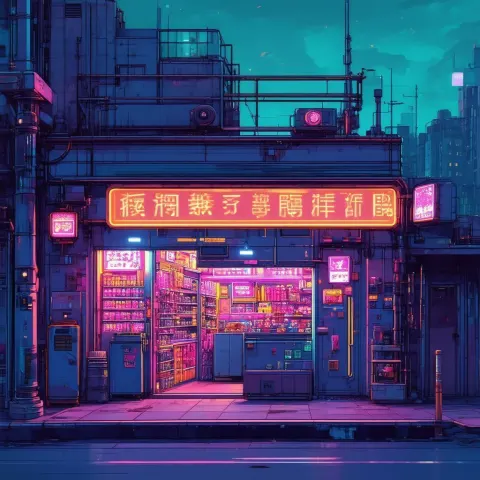 Neon Storefront Under a Futuristic Twilight Sky